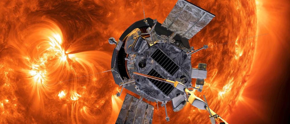 Die Computergrafik zeigt die „Parker Solar Probe“-Sonde auf dem Weg zur Sonne. (Handout)