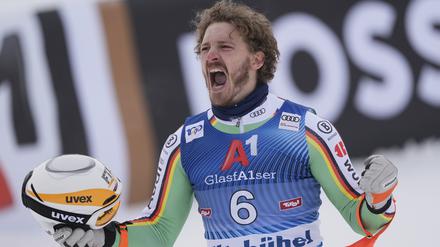 Da war er ganz oben. Linus Strasser im Jahr 2024 bei seinem Sieg in Kitzbühel. 