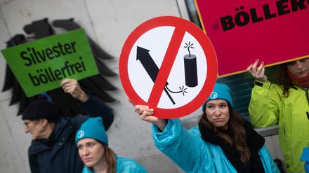 06.01.2025, Berlin: Aktivisten stehen bei Übergabe von Unterschriften für die Petition der Gewerkschaft der Polizei und einem offenen Brief der Deutschen Umwelthilfe für ein bundesweites Böllerverbot vor dem Bundesministerium des Innern. Die Petition und ein offener Brief wurden von über 1,9 Millionen Bürgerinnen und Bürgern unterzeichnet. Foto: Sebastian Christoph Gollnow/dpa +++ dpa-Bildfunk +++