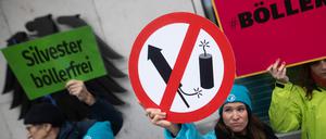 06.01.2025, Berlin: Aktivisten stehen bei Übergabe von Unterschriften für die Petition der Gewerkschaft der Polizei und einem offenen Brief der Deutschen Umwelthilfe für ein bundesweites Böllerverbot vor dem Bundesministerium des Innern. Die Petition und ein offener Brief wurden von über 1,9 Millionen Bürgerinnen und Bürgern unterzeichnet. Foto: Sebastian Christoph Gollnow/dpa +++ dpa-Bildfunk +++