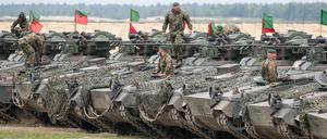 Deutsche Schützenpanzer vom Typ Marder stehen am 18.06.2015 auf einem Truppenübungsplatz in der Nähe des polnischen Ortes Sagan nach der ersten Übung zur Verlegung der Nato-Speerspitze - Noble Jump.
