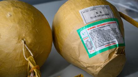 In einem speziellen Gafahrgutcontainer vom Hauptzollamt in Frankfurt (Oder) liegen beschlagnahmte Kugelbomben. 