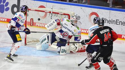 Der Puck landet hinter Jake Hildebrand im Tor zum 1:0 für Köln.