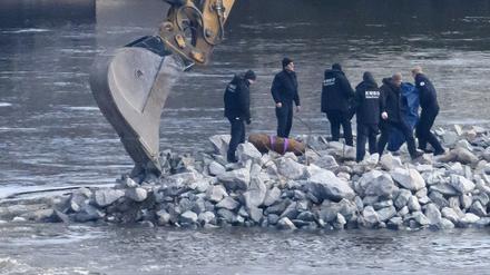 Mitarbeiter der Kampfmittelbeseitigung (KMBD) verladen eine entschärfte Weltkriegsbombe an der teilweise eingestürzten Carolabrücke in Dresden.