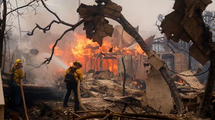 Feuerwehrleute bekämpfen das Palisades-Feuer in Los Angeles.