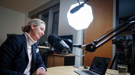 AfD-Chefin Alice Weidel während des Gesprächs mit Elon Musk in ihrem Büro im Bundestag. 