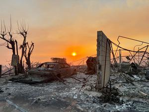 Ein verbranntes Fahrzeug in Pacific Palisades, Kalifornien, nachdem ein Waldbrand die Region verwüstet hat.