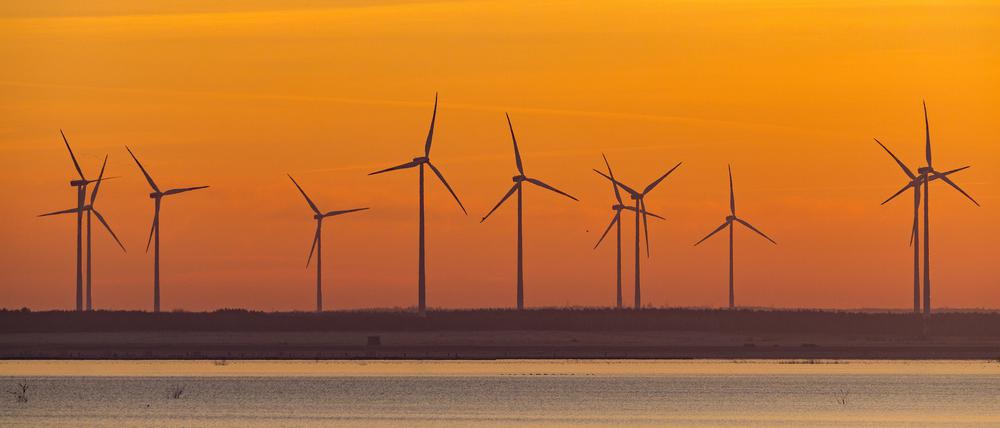 Windkraftanlagen drehen sich nach einer frostigen Nacht vor einem farbenprächtigen Himmel am Cottbuser Ostsee. 