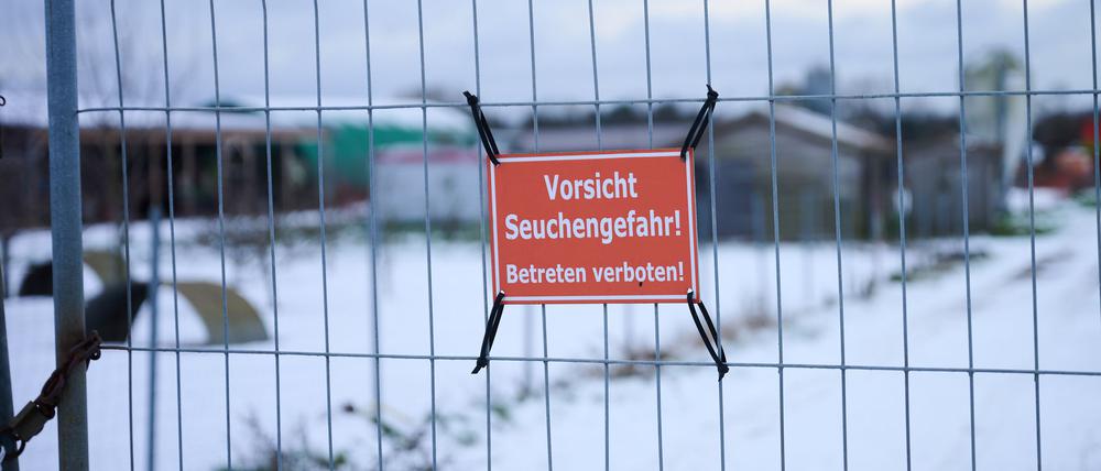„Vorsicht Seuchengefahr!“ steht auf einem Schild an einem Betrieb in Mehrow. Zum Schutz vor einer möglichen Ausbreitung der Maul- und Klauenseuche sollen am Vormittag vorsorglich rund 200 Schweine im brandenburgischen Landkreis Barnim getötet werden. Nun hat Südkorea Schweinefleischimporte aus Deutschland verboten.