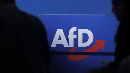 Delegierte vor dem Parteilogo bei dem AfD-Bundesparteitag in Magdeburg 2023.