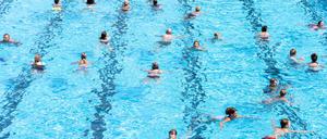Menschen schwimmen im Wasser eines Freibads (Symbolbild)