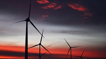 Windräder sind im Windpark Neudorf bei Sonnenaufgang zu sehen. 