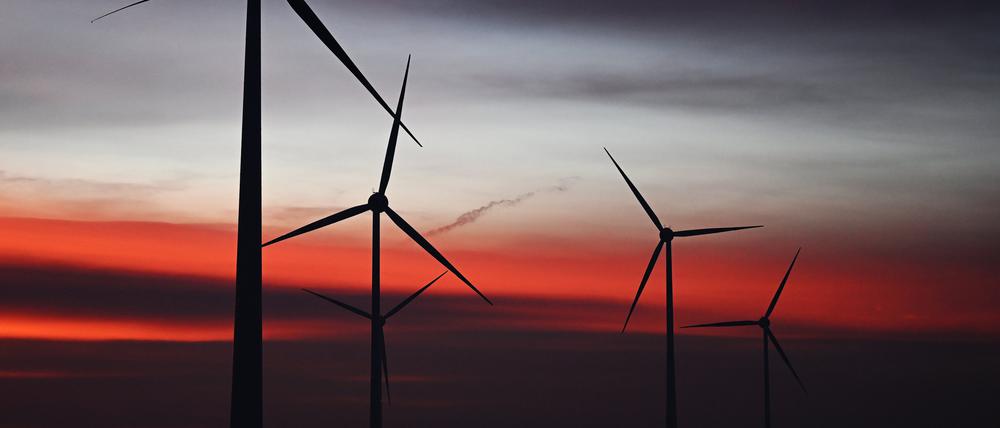 Windräder sind im Windpark Neudorf bei Sonnenaufgang zu sehen. 