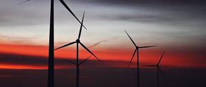 Windräder sind im Windpark Neudorf bei Sonnenaufgang zu sehen. 