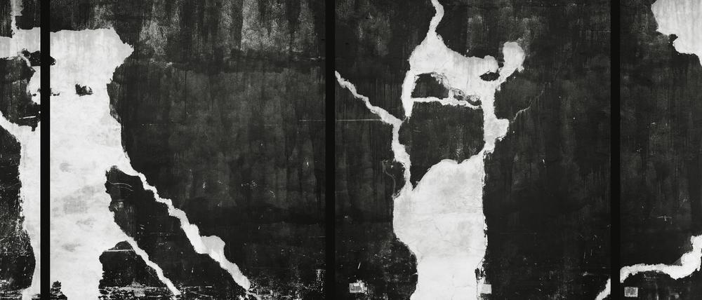 Tableau aus sechs Bildern. Ein Ausschnitt aus Lukas Hoffmanns in New York fotografierter Fassade „Bronx River Avenue, NYC“ von 2016.