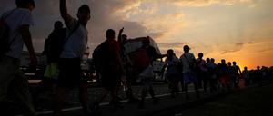 Migranten gehen in Huixtla, Mexiko, in einer Kolonne Richtung nördlicher Grenze zu den USA.  