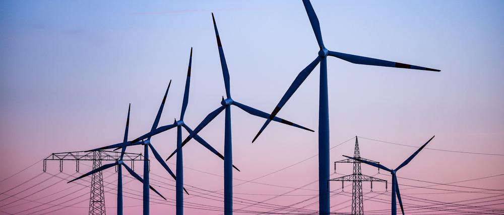 Windkraftanlagen und Hochspannungsleitungen sind vor dem Abendhimmel zu sehen.