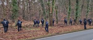 Polizisten suchen in einem Wald am Wolzensee nach einem vermissten 24-Jährigen aus Rathenow (Havelland). 