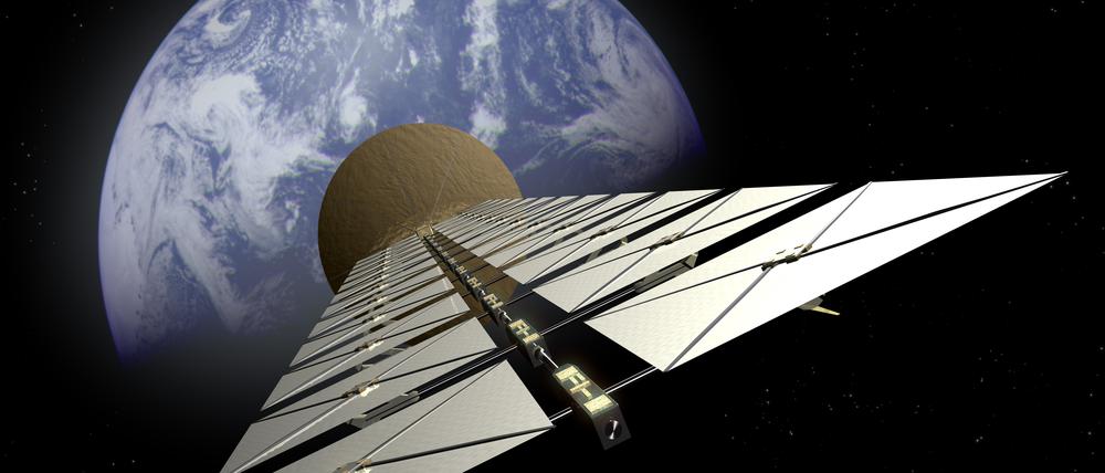 Illustration von Solarzellen eines Satelliten im Weltraum. Was wäre, wenn man Energie im Weltraum sammeln und an die Erde zurückstrahlen könnte?