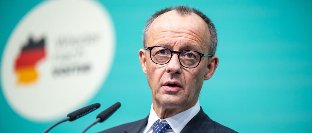 Friedrich Merz, CDU-Bundesvorsitzender und CDU/CSU Fraktionsvorsitzender im Bundestag, spricht bei der Pressekonferenz nach der CDU-Klausur mit Staats- und Regierungschefs der EVP.