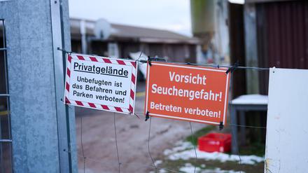„Vorsicht Seuchengefahr!“ steht auf einem Schild an einem Betrieb in Mehrow im Landkreis Barnim.