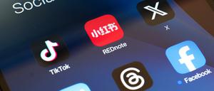 Die Logos der Apps von Tiktok, Xiaohongshu (Rednote), X (Twitter), Threads und Facebook auf einem Smartphone-Bildschirm