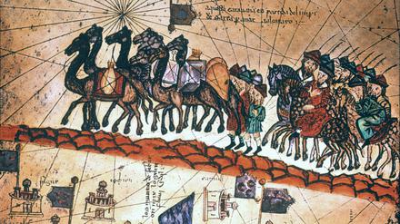 Marco Polo auf seinem Weg, unterwegs mit einer Kamel-Karawane. 