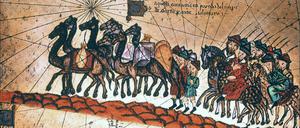 Marco Polo auf seinem Weg, unterwegs mit einer Kamel-Karawane. 