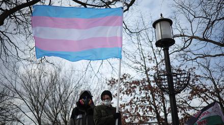 Demonstrierende mit Transgender-Flagge in Washington.