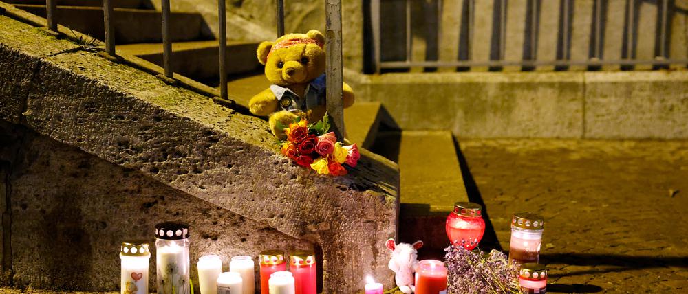 Candles and flowers are placed in a park, where earlier today two people were killed in a knife attack, one of them a child, in Aschaffenburg, Germany, January 22, 2025.     REUTERS/Heiko Becker