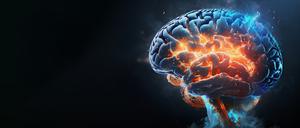 Brain on fire, exploding brain, degenerative cognitive disease concept like Parkinson's, Alzheimer's, dementia, MS (multiple sclerosis), brain power treatment 3d rendering