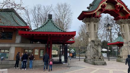 Besucher stehen vor dem Eingang des Berliner Zoos.