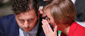 Viel Klärungsbedarf: Mit seinen Forderungen hat Friedrich Merz auch die Parteivorsitzenden der Grünen, Felix Banaszak und Franziska Brantner überrascht. 