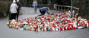 Aschaffenburg: Eine Person legt einige Tage nach dem tödlichen Messerangriff Blumen im Park nieder.