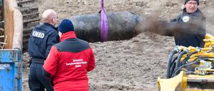 Mitarbeiter der Kampfmittelbeseitigung (KMBD) transportieren die Bombe ab, die auf dem Abrissfeld der teileingestürzten Carolabrücke gefunden wurde.