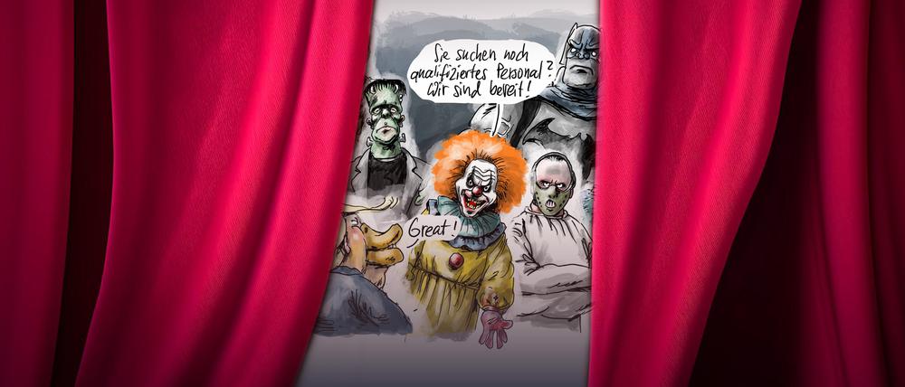 Vorhang auf für die besten politischen Fotografen und Karikaturisten. Die Sieger-Karikatur der Rückblende 2024 zeichnete Tagesspiegel-Karikaturist Klaus Stuttmann.