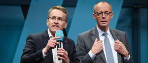 Daniel Günther und Friedrich Merz am 20. Januar bei einer Wahlkampfveranstaltung der CDU in Flensburg.