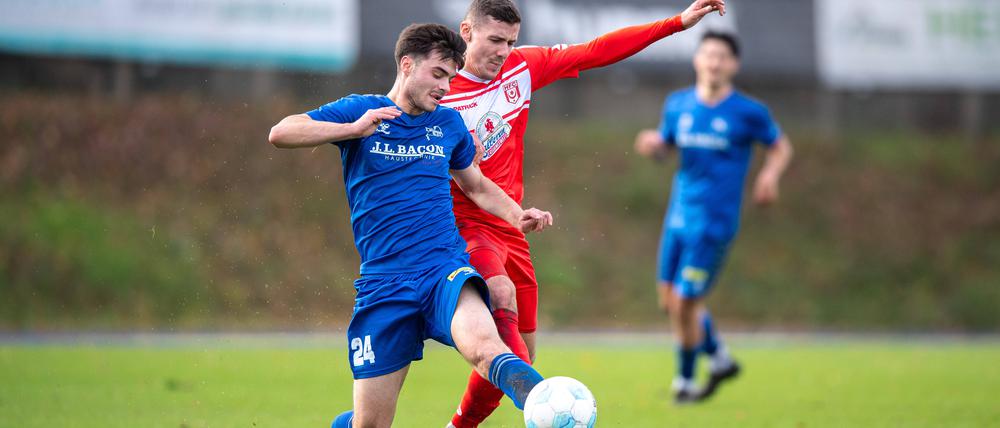 Hertha 03 (li. Mateo Kastrati gegen Marius Hauptmann vom Halleschen FC) liegt derzeit auf dem 15. Tabellenplatz in der Fußball-Regionalliga Nordost.