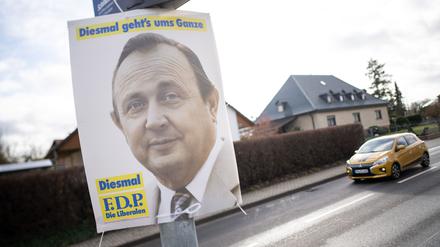 Bundestagswahlkampf mit dem Look von Hans-Dietrich Genscher: Plakate mit der Partei-Ikone wurden nach Angaben eines FDP-Ortsverbandes gestohlen.
