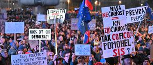 Menschen nehmen an einer pro-europäischen Demonstration teil. 