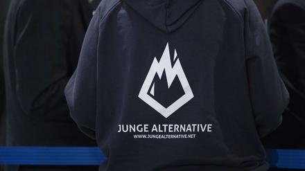 Eine Teilnehmerin des AfD-Bundesparteitags trägt einen Pullover mit dem Logo der AfD-Jugendorganisation «Junge Alternative» (JA). 