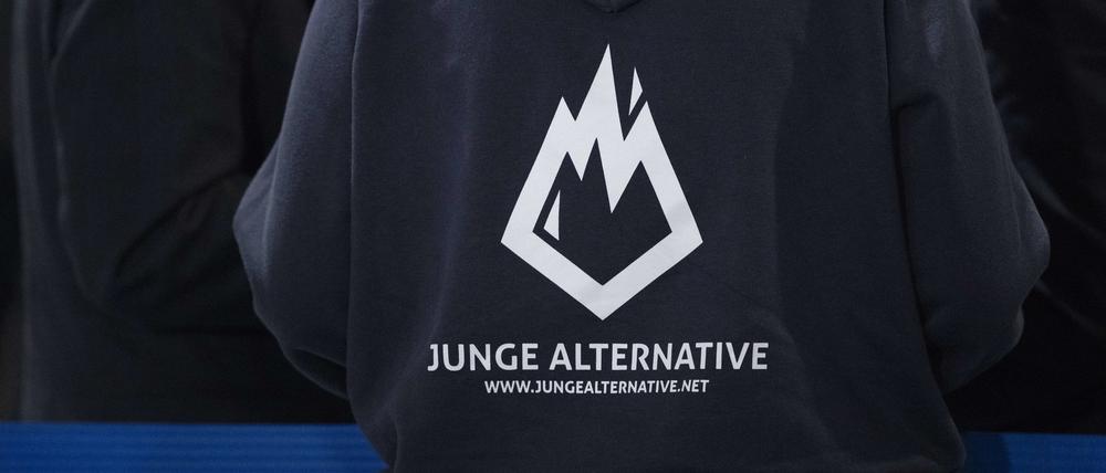 Eine Teilnehmerin des AfD-Bundesparteitags trägt einen Pullover mit dem Logo der AfD-Jugendorganisation «Junge Alternative» (JA).