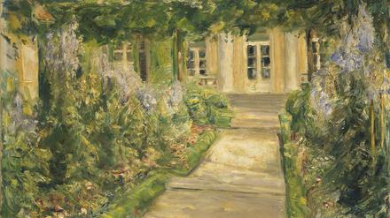 Um 1930 malte Max Liebermann den „Blick auf den Eingang des Landhauses mit Blumenstauden am Gärtnerhaus“.