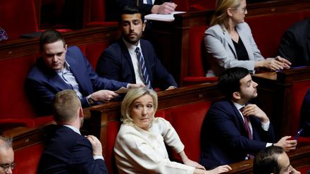 Marine Le Pen, Vorsitzende des rechten Rassemblement National (RN), bei der Nationalversammlung am 3. Februar 2025. Frankreichs Premierminister Bayrou plant die Durchsetzung von zwei Haushaltsgesetzen für das laufende Jahr.