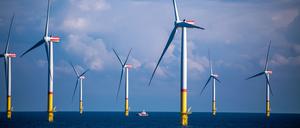 Windräder stehen zwischen den Inseln Rügen und Bornholm in der Ostsee.