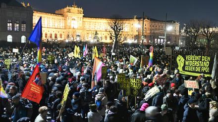 Menschen halten Fahnen und Plakate auf der Demonstration „25 Jahre Widerstand gegen Blau-Schwarz“ in Wien.