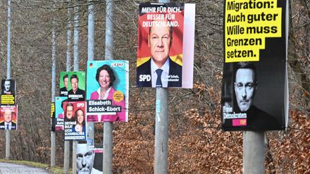 Zahlreiche Wahlplakate verschiedener Parteien hängen an einer Straße in der baden-württembergische Landeshauptstadt Stuttgart.