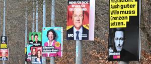 Zahlreiche Wahlplakate verschiedener Parteien hängen an einer Straße in der baden-württembergische Landeshauptstadt Stuttgart.