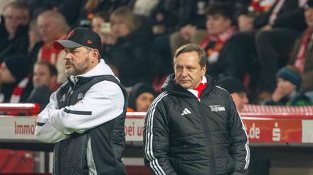 Horst Heldt (rechts) und Steffen Baumgart haben bei Union im sportlichen Bereich das Sagen.