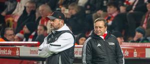 Horst Heldt (rechts) und Steffen Baumgart haben bei Union im sportlichen Bereich das Sagen.
